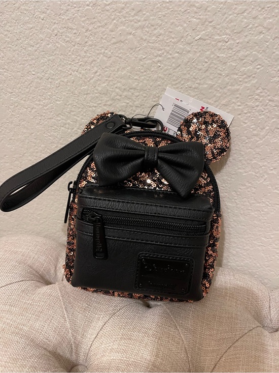 Loungefly Handbags - Sequin Mini Loungefly Bow Wristlet Bag - Black and Rose Gold